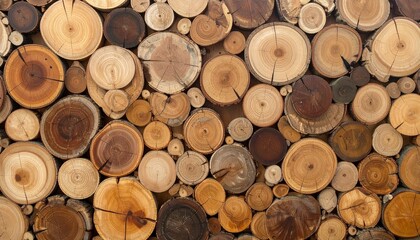 Pile of natural log round teak wood tree stump texture background pattern.