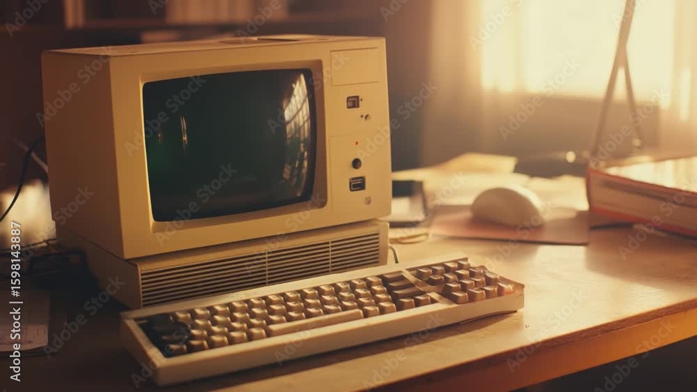 Poster vintage computer setup with retro monitor and keyboard on wooden desk in soft natural light 4k video