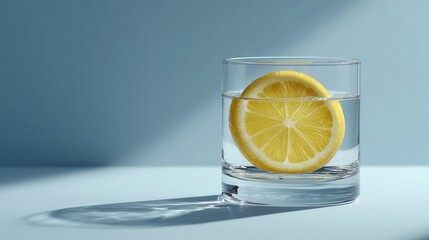 Minimal still life: Lemon slice floating in glass of water, light shadow on blue background, fresh healthy refreshment with transparent clarity.