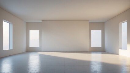 Fototapeta premium Empty room with white walls and large windows, bright and spacious interior.