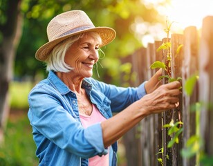 Elderly Farmer Repairing Rustic Wooden Fence in Countryside — Close-Up with Natural Light