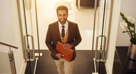Confident Entrepreneur Entering Modern Workspace With Positive Energy And Ambition