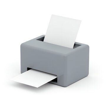 3D Grey Paper Printer Icon, Cartoon Plastic Style, Modern Office Printing Device, Isolated on White