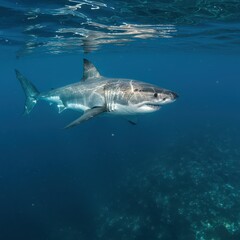 Fototapeta premium A powerful great white shark glides through clear ocean water, showcasing its strength and sleek profile in the wild.