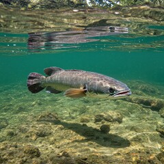 Obraz premium A snakehead fish glides just beneath the surface of a clear freshwater stream, among rocks and aquatic vegetation.