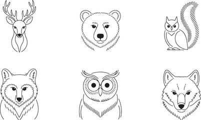 Obraz premium Elegant Forest Animals Line Art Collection Deer Bear Squirrel Fox Owl Vector Illustration