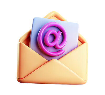 3d render illustration of isolated transparent envelope with @ sign icon