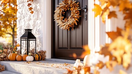 Inviting front door with autumn decorations featuring fall leaves garland and a dried wheat wreath centerpiece