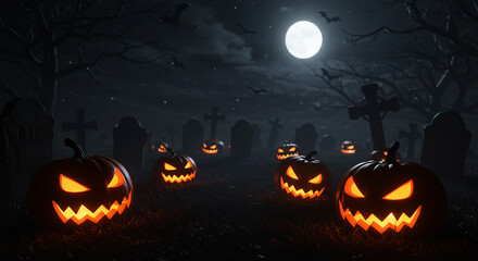 Spooky Cemetery Scene with Glowing Jack-o'-Lanterns at Night