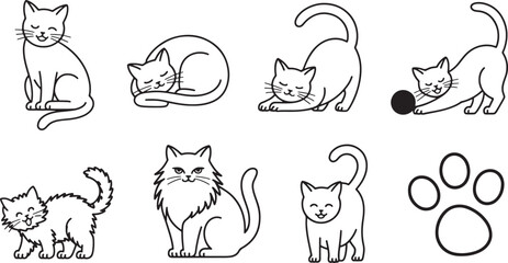 Collection of Cat Outline Illustrations in Various Poses on Transparent Background