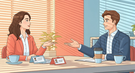 Cordial Meeting Between Colleagues in an Office Environment Cartoon Illustration