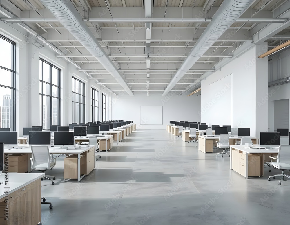 Aufkleber bright empty modern office space ready for employees with row of desks and computers