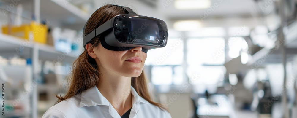 Poster innovation lab creativity strategy concept. scientist using virtual reality in a laboratory setting.