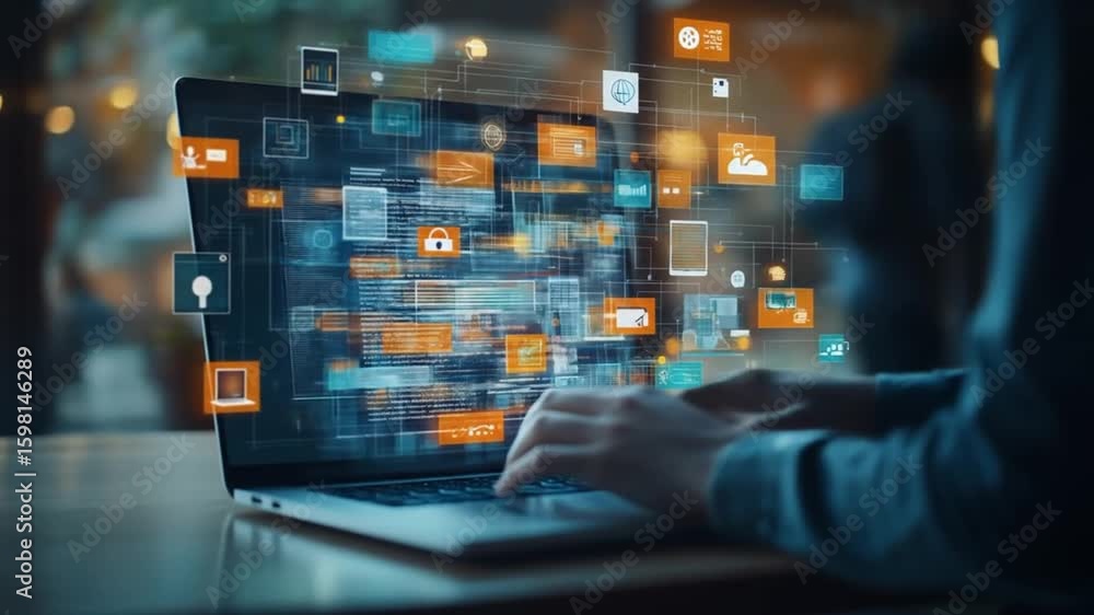 Poster a person works on a laptop, digital information overlays the screen. the image features data visuali