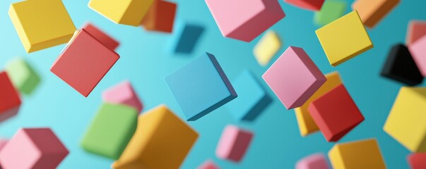 Obraz premium Innovation lab creativity strategy concept. Colorful geometric shapes floating against a blue background.