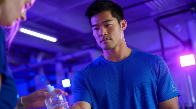 Fitness trainer assisting man with hydration in modern gym during evening workout session