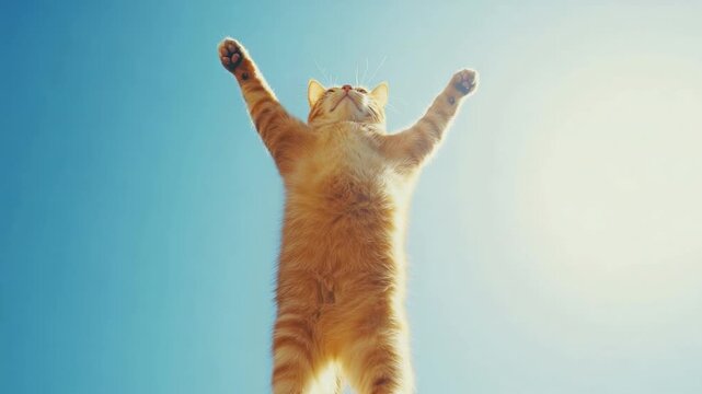 Cat Reaching Upward Against Bright Blue Sky with Outstretched Paws in a Joyful Moment of Freedom and Playfulness 4k video footage