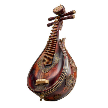 Traditional Chinese pipa instrument with ornate wooden inlays and polished finish, angled upright and softly rim-lit, isolated on transparent background. --v 7.0 --s 250 --raw