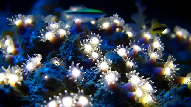 Glowing hydroids cluster on rock, vibrant fish swim through the aquatic scene