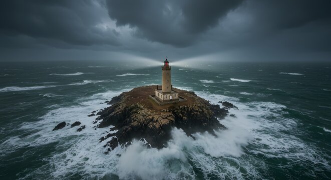 Lighthouse on rocky island during stormy weather, ai generated