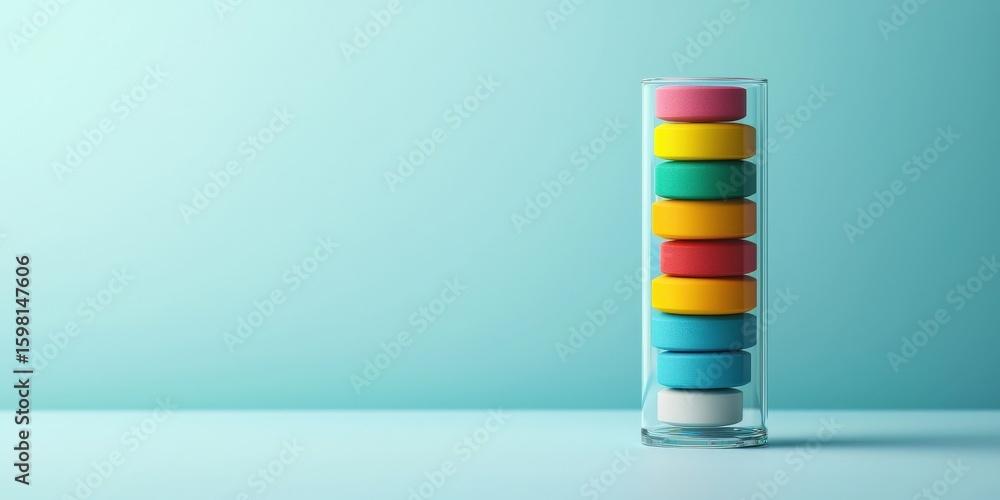 Poster innovation lab creativity strategy concept. colorful stack of circular objects in a transparent cont