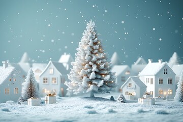 Naklejka premium Snowy village with decorated Christmas tree and presents winter