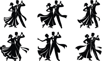 Elegant silhouettes of couples dancing ballroom styles