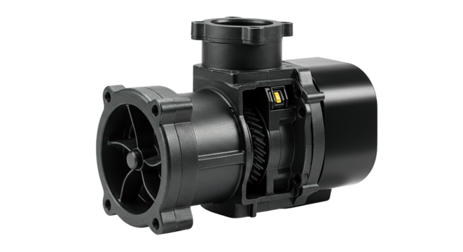 Close up of a black industrial pump with internal gears visible on a black background studio shot