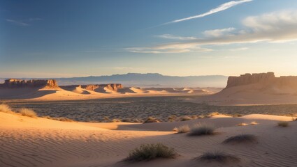Obraz premium Desert landscape with sand dunes and rock formations under a blue sky.