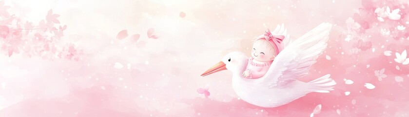 Pink Watercolor Baby Girl on Stork, Baby Shower, Watercolor Art Baby, Girl