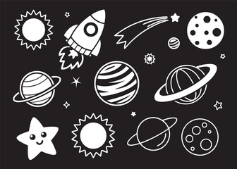 Outer Space Planet Icons Silhouette Set Vector on White Background