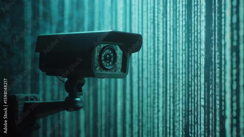 Poster surveillance camera overlayed with digital code and matrix inspired background for security technolo