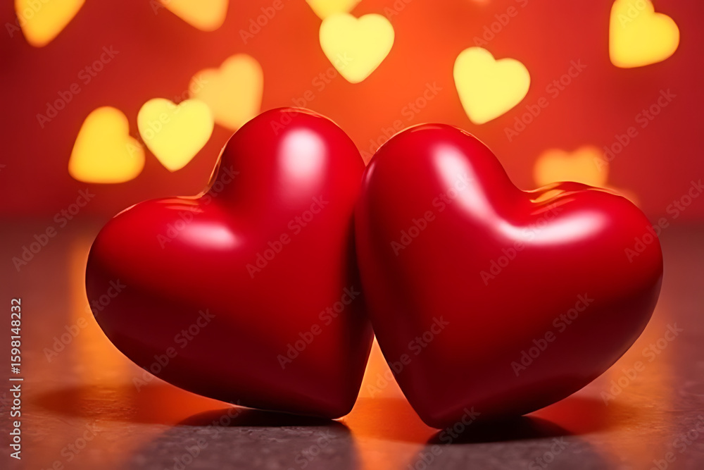 Poster two glossy red heart shapes with soft yellow heart-shaped bokeh lights on a blurred red background f
