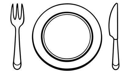 Illustration of a place setting with a plate fork and knife in a simple black and white style image
