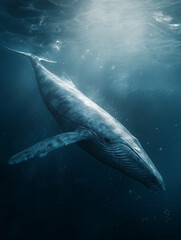 Fototapeta premium Majestic Blue Whale Swimming Beneath the Ocean Surface – Ultra Realistic Underwater Scene