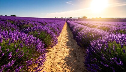 Lavender Field Blooming at Sunrise with Pathway and Blue Sky