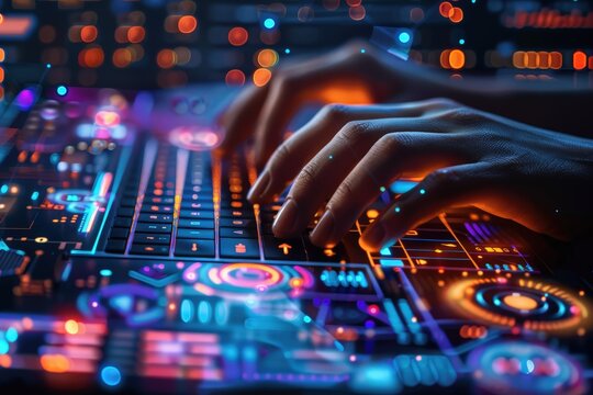 A close-up of hands typing on a futuristic keyboard with colorful, glowing keys and holographic data overlays. The vibrant bokeh background suggests a fast-paced, high-tech environment - Powered by Adobe
