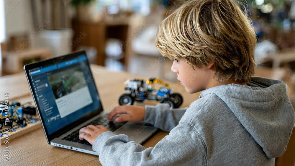 Poster young boy explores robotics while programming a model car indoors, showcasing creativity and learnin