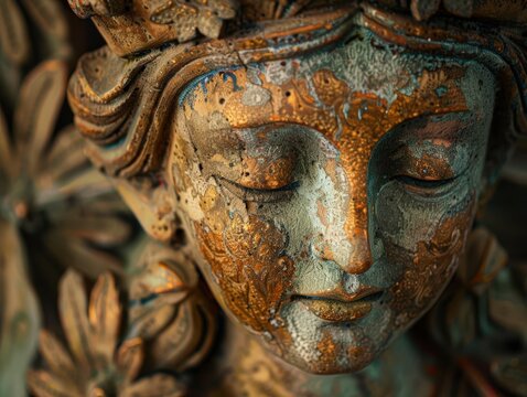 Naklejki A close-up of a weathered, ancient statue of a serene face, possibly a goddess. The peeling, gilded surface with hints of blue creates a sense of forgotten beauty, history, and mystery