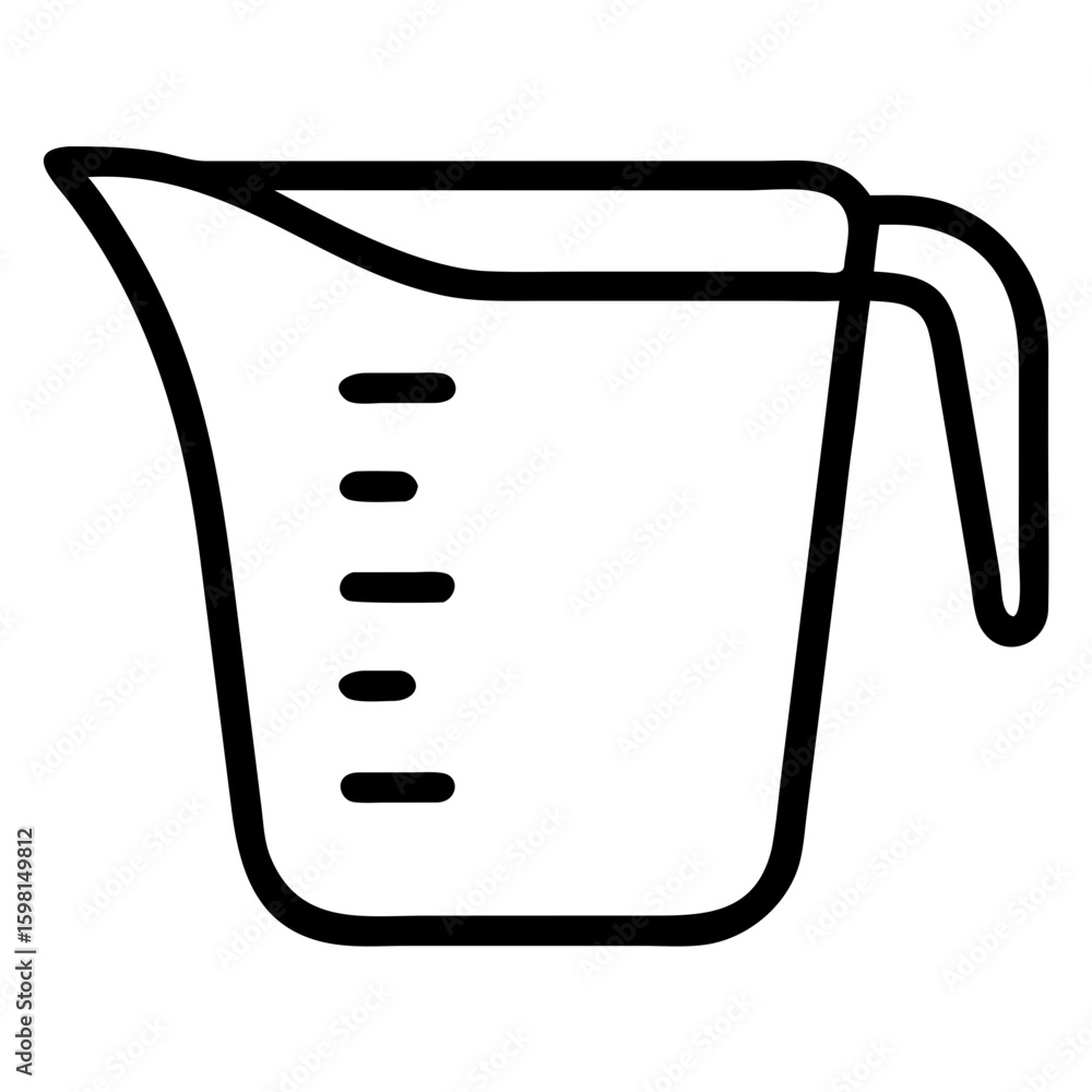 Poster outline illustration of a measuring cup with a handle and marked measurements on the side clearly vi