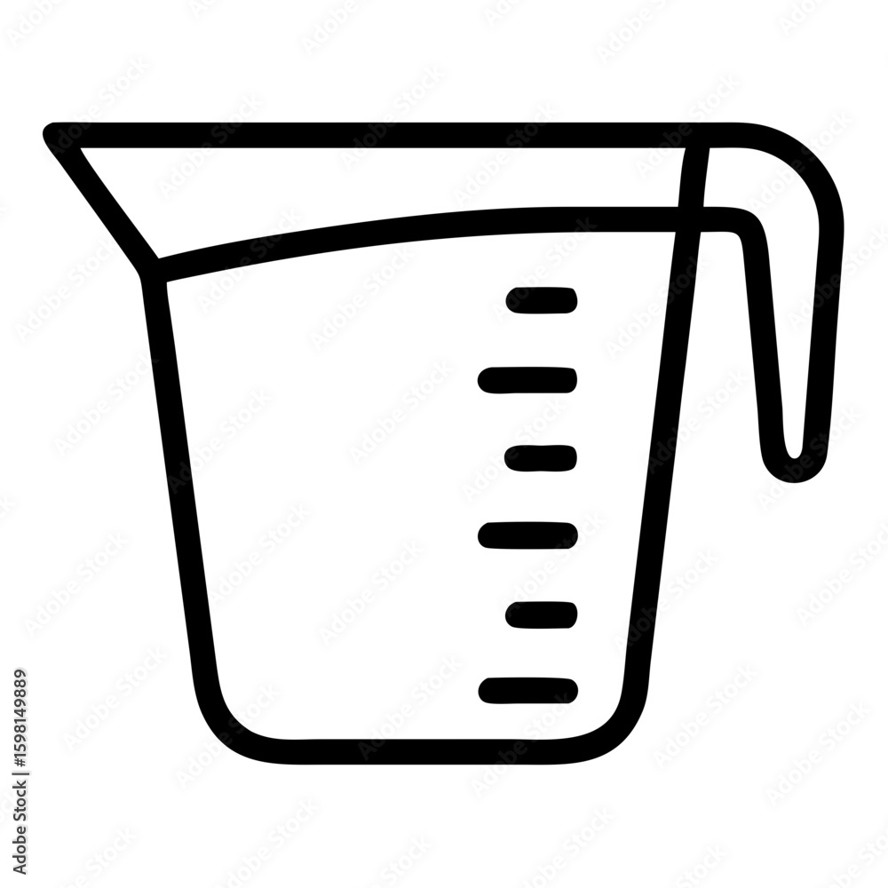 Poster outline drawing of a measuring cup with a handle and measurement indicators on the side showing volu