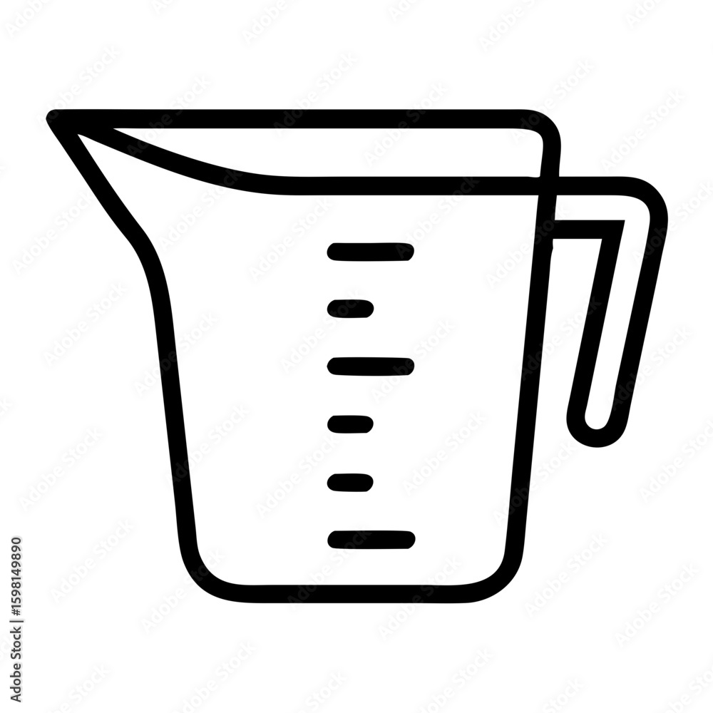Poster outline drawing of a measuring cup with a handle and measurement markings on the side for kitchen us