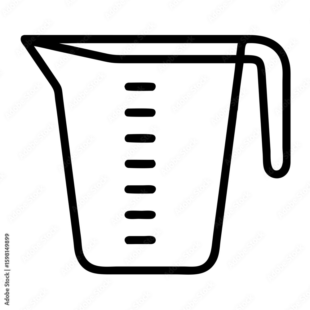 Poster illustration of a measuring cup with a handle and measurement markings in a simple black outline sty