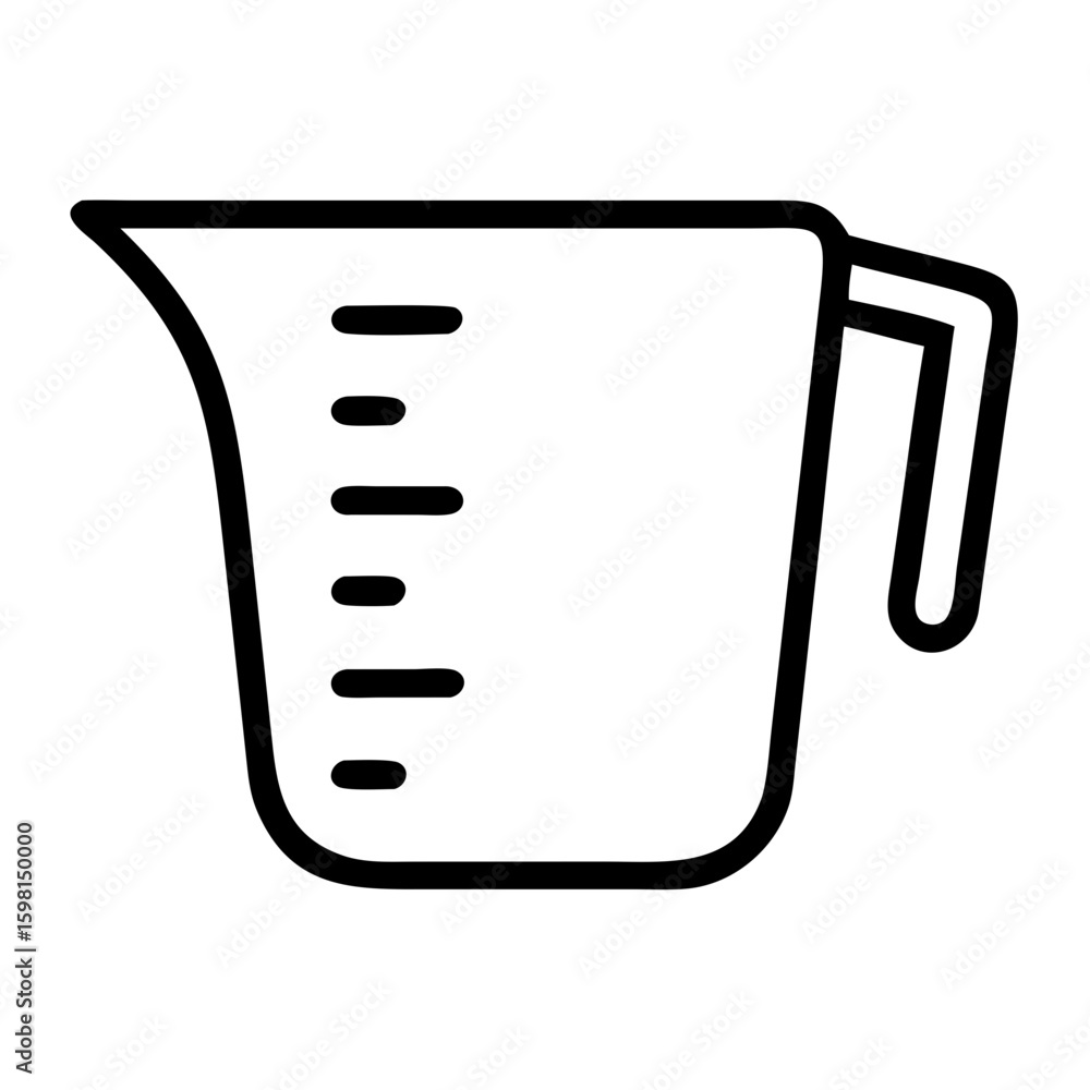 Poster outline drawing of a measuring cup with handle and measurement markings on the side in black and whi