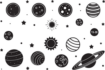 Outer Space Planet Icons Silhouette Set Vector on White Background