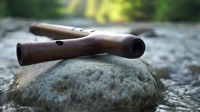 Wooden flute resting on a stone in a stream, with a forest backdrop, shallow depth