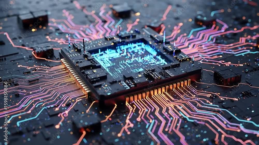 Poster close-up of a central processing unit (cpu) with intricate circuitry and glowing pathways, showcasin