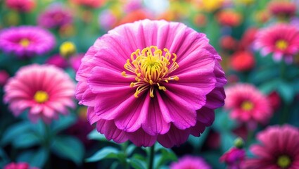 Bright pink flower with yellow center in a field of similarly colored flowers.