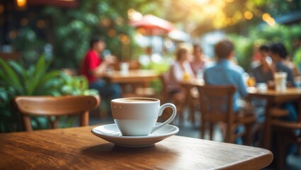 A coffee cup on a saucer in the foreground with people sitting at outdoor tables in a garden setting in the background.