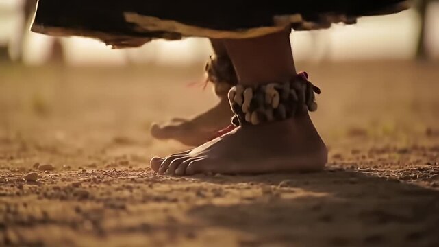 Bare feet adorned with ankle bracelets standing on a dusty, earthen ground in soft light